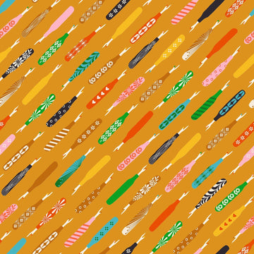 Image of 1 800 Notion Seam Rippers Honey quilting cotton fabric by Ruby Star Society for Moda Fabrics. Features sewing accessories on a gold background. Cute Little Fabrics Shop.