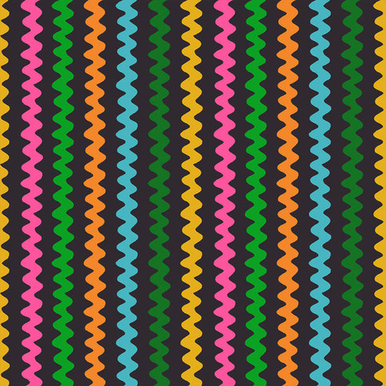 Image of 1 800 Notion Ric Rac Soft Black quilting cotton fabric by Ruby Star Society for Moda Fabrics. Features sewing accessories on a black background. Cute Little Fabrics Shop.