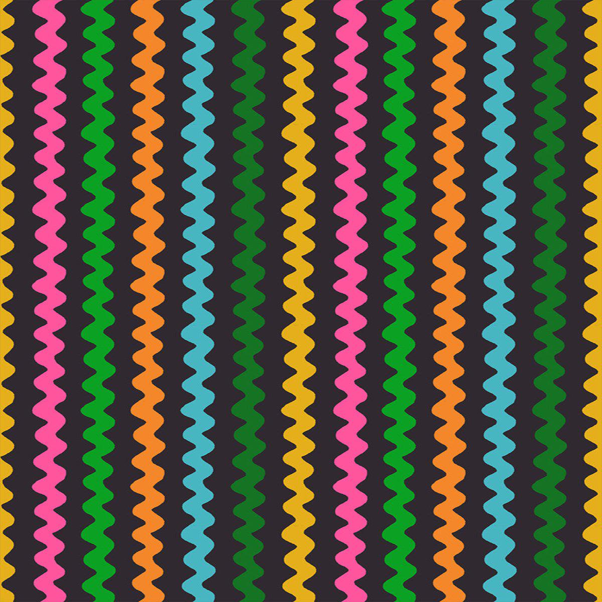Image of 1 800 Notion Ric Rac Soft Black quilting cotton fabric by Ruby Star Society for Moda Fabrics. Features sewing accessories on a black background. Cute Little Fabrics Shop.