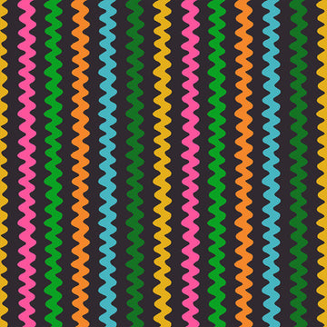 Image of 1 800 Notion Ric Rac Soft Black quilting cotton fabric by Ruby Star Society for Moda Fabrics. Features sewing accessories on a black background. Cute Little Fabrics Shop.