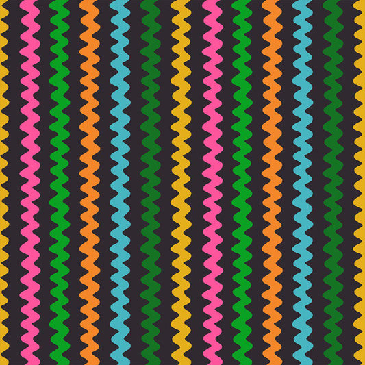 Image of 1 800 Notion Ric Rac Soft Black quilting cotton fabric by Ruby Star Society for Moda Fabrics. Features sewing accessories on a black background. Cute Little Fabrics Shop.