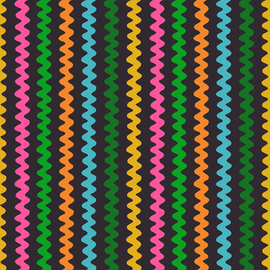 Image of 1 800 Notion Ric Rac Soft Black quilting cotton fabric by Ruby Star Society for Moda Fabrics. Features sewing accessories on a black background. Cute Little Fabrics Shop.