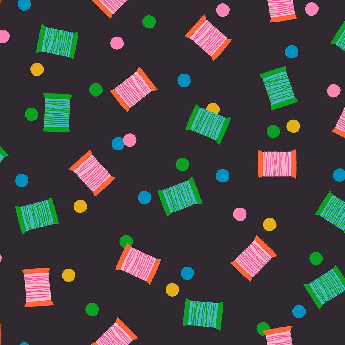 Image of 1 800 Notion Spools Soft Black quilting cotton fabric by Ruby Star Society for Moda Fabrics. Features sewing accessories on a black background. Cute Little Fabrics Shop.