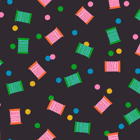 Image of 1 800 Notion Spools Soft Black quilting cotton fabric by Ruby Star Society for Moda Fabrics. Features sewing accessories on a black background. Cute Little Fabrics Shop.