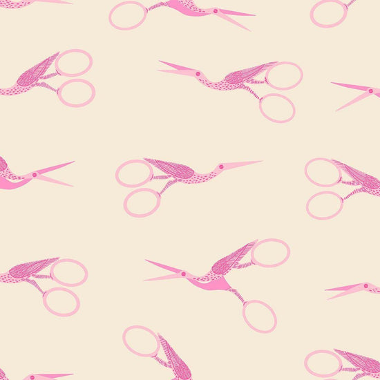 Image of 1 800 Notion Stork Scissors Shell quilting cotton fabric by Ruby Star Society for Moda Fabrics. Features sewing accessories on a cream background. Cute Little Fabrics Shop.