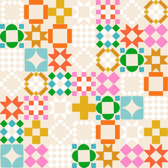 Image of 1 800 Notion Quilty As Charged Shell quilting cotton fabric by Ruby Star Society for Moda Fabrics. Features a geometric pattern on a cream background. Cute Little Fabrics Shop.
