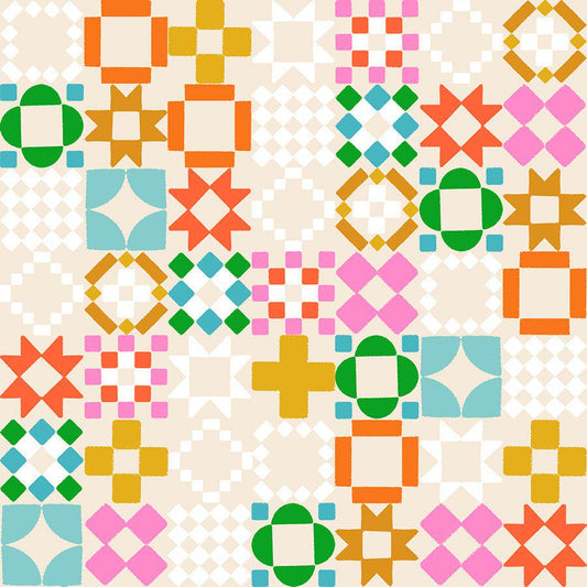 Image of 1 800 Notion Quilty As Charged Shell quilting cotton fabric by Ruby Star Society for Moda Fabrics. Features a geometric pattern on a cream background. Cute Little Fabrics Shop.