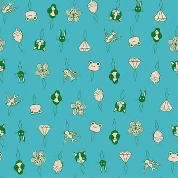 Image of 1 800 Notion Thread Charms Turquoise quilting cotton fabric by Ruby Star Society for Moda Fabrics. Features sewing accessories on a blue background. Cute Little Fabrics Shop.