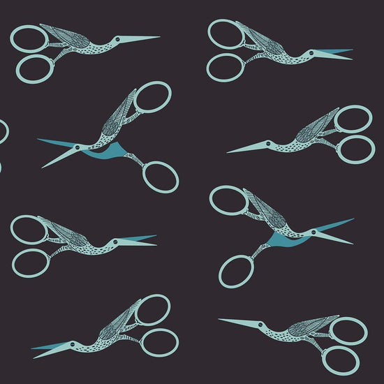 Image of 1 800 Notion Stork Scissors Soft Black quilting cotton fabric by Ruby Star Society for Moda Fabrics. Features sewing accessories on a black background. Cute Little Fabrics Shop.
