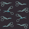 Image of 1 800 Notion Stork Scissors Soft Black quilting cotton fabric by Ruby Star Society for Moda Fabrics. Features sewing accessories on a black background. Cute Little Fabrics Shop.