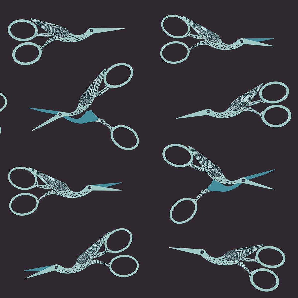 Image of 1 800 Notion Stork Scissors Soft Black quilting cotton fabric by Ruby Star Society for Moda Fabrics. Features sewing accessories on a black background. Cute Little Fabrics Shop.