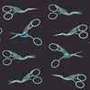 Image of 1 800 Notion Stork Scissors Soft Black quilting cotton fabric by Ruby Star Society for Moda Fabrics. Features sewing accessories on a black background. Cute Little Fabrics Shop.