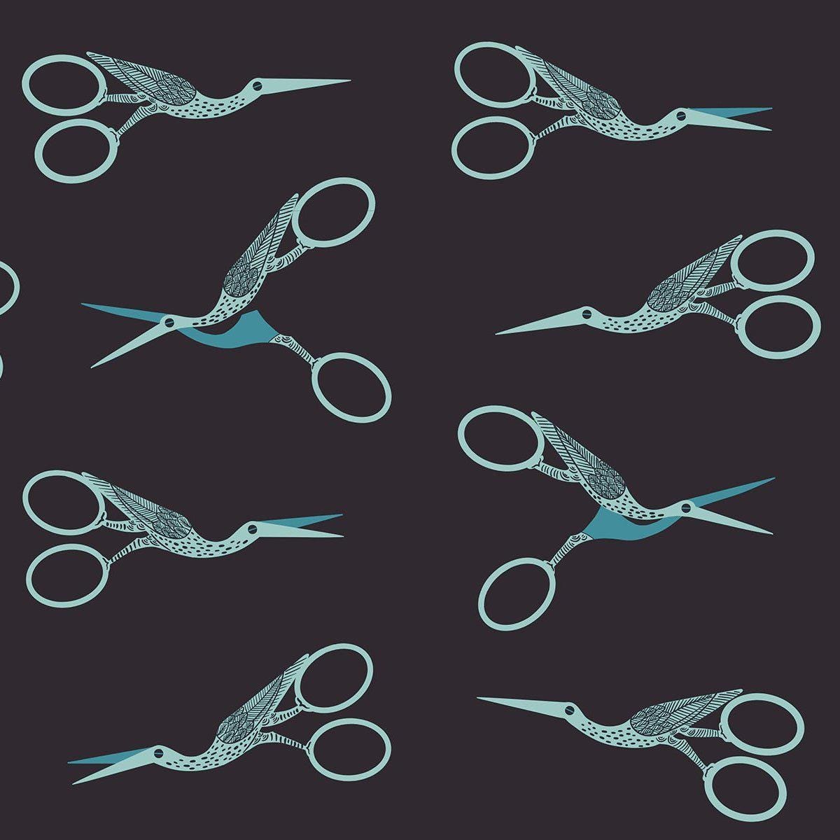 Image of 1 800 Notion Stork Scissors Soft Black quilting cotton fabric by Ruby Star Society for Moda Fabrics. Features sewing accessories on a black background. Cute Little Fabrics Shop.