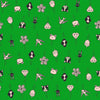 Image of 1 800 Notion Thread Charms Deep Verdant quilting cotton fabric by Ruby Star Society for Moda Fabrics. Features sewing accessories on a green background. Cute Little Fabrics Shop.
