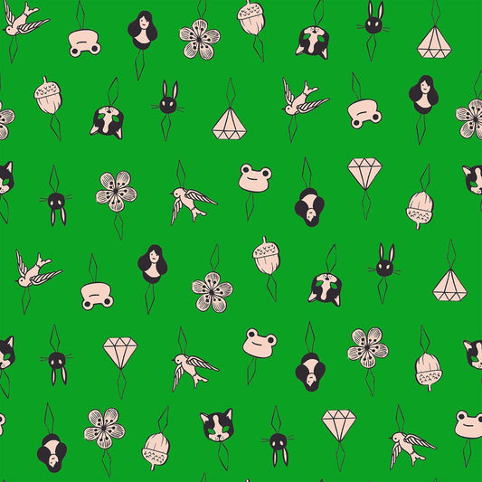 Image of 1 800 Notion Thread Charms Deep Verdant quilting cotton fabric by Ruby Star Society for Moda Fabrics. Features sewing accessories on a green background. Cute Little Fabrics Shop.