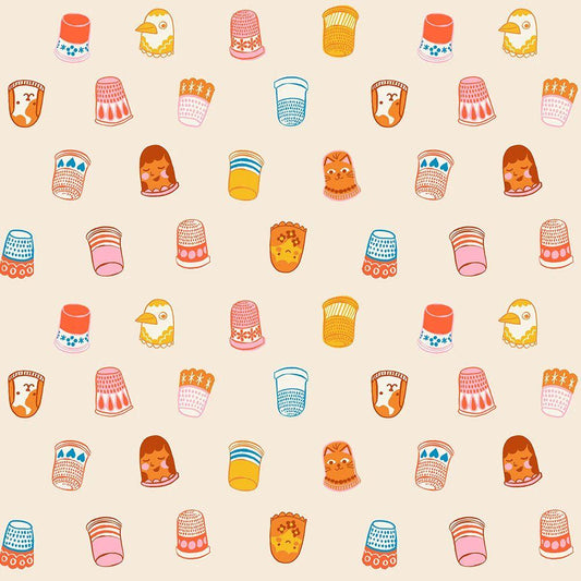 Image of 1 800 Notion Thimbles Shell quilting cotton fabric by Ruby Star Society for Moda Fabrics. Features sewing accessories on a cream background. Cute Little Fabrics Shop.