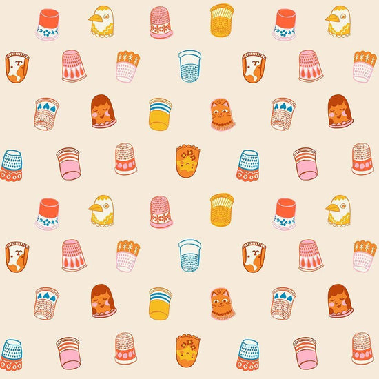 Image of 1 800 Notion Thimbles Shell quilting cotton fabric by Ruby Star Society for Moda Fabrics. Features sewing accessories on a cream background. Cute Little Fabrics Shop.