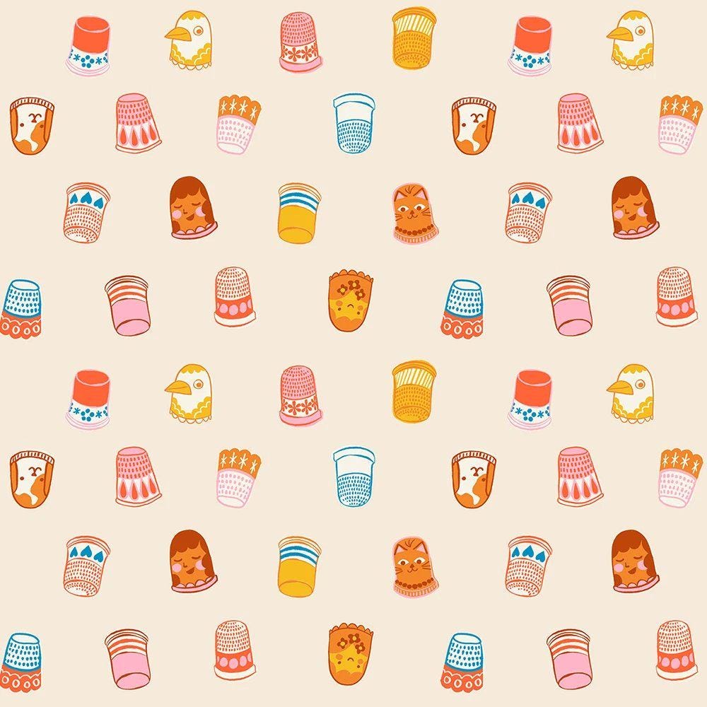 Image of 1 800 Notion Thimbles Shell quilting cotton fabric by Ruby Star Society for Moda Fabrics. Features sewing accessories on a cream background. Cute Little Fabrics Shop.