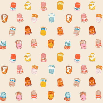 Image of 1 800 Notion Thimbles Shell quilting cotton fabric by Ruby Star Society for Moda Fabrics. Features sewing accessories on a cream background. Cute Little Fabrics Shop.