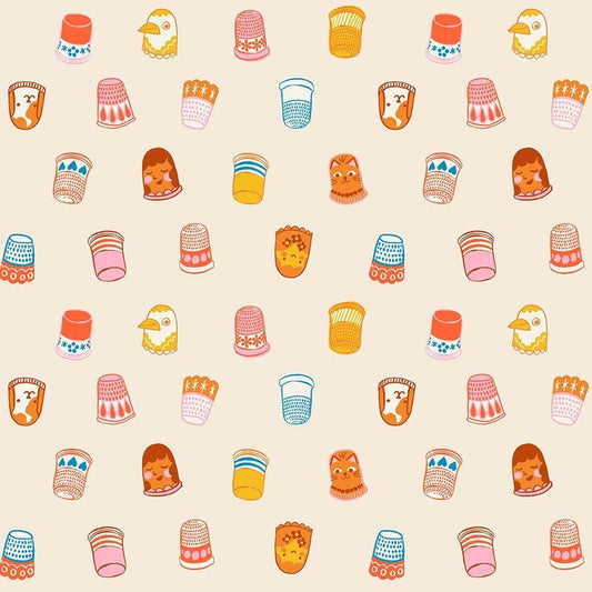 Image of 1 800 Notion Thimbles Shell quilting cotton fabric by Ruby Star Society for Moda Fabrics. Features sewing accessories on a cream background. Cute Little Fabrics Shop.