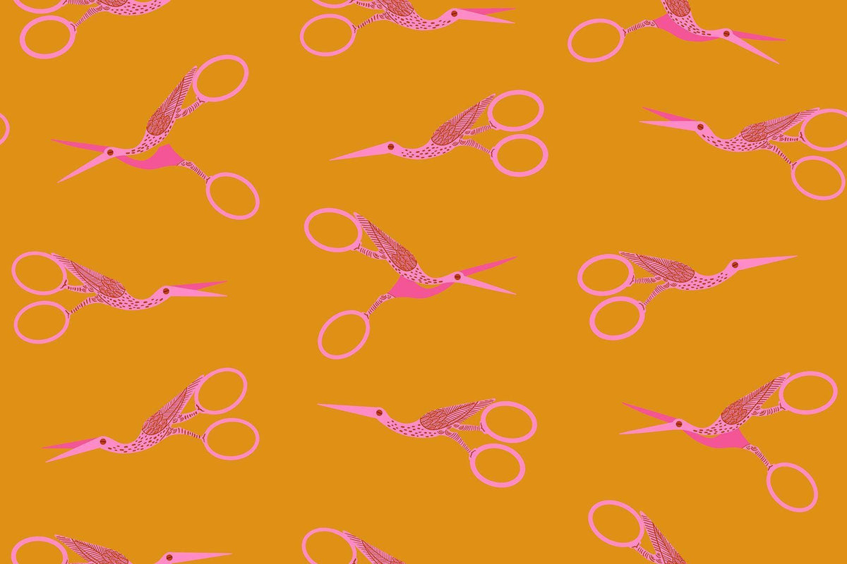 Image of 1 800 Notion Stork Scissors Honey quilting cotton fabric by Ruby Star Society for Moda Fabrics. Features sewing accessories on a gold background. Cute Little Fabrics Shop.