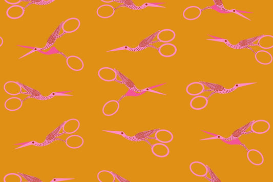 Image of 1 800 Notion Stork Scissors Honey quilting cotton fabric by Ruby Star Society for Moda Fabrics. Features sewing accessories on a gold background. Cute Little Fabrics Shop.