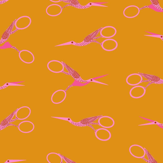 Image of 1 800 Notion Stork Scissors Honey quilting cotton fabric by Ruby Star Society for Moda Fabrics. Features sewing accessories on a gold background. Cute Little Fabrics Shop.