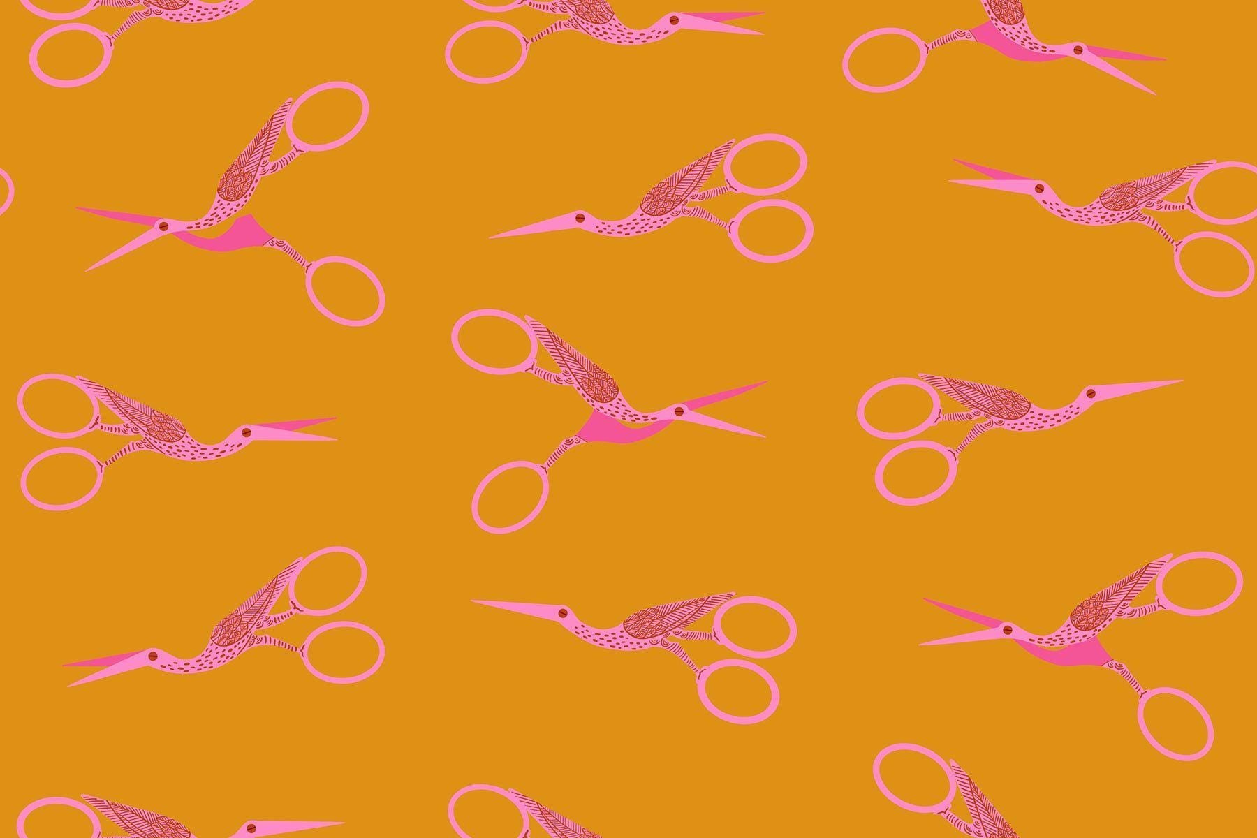 Image of 1 800 Notion Stork Scissors Honey quilting cotton fabric by Ruby Star Society for Moda Fabrics. Features sewing accessories on a gold background. Cute Little Fabrics Shop.