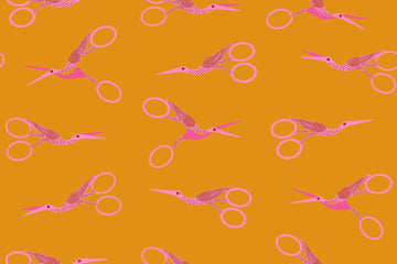 Image of 1 800 Notion Stork Scissors Honey quilting cotton fabric by Ruby Star Society for Moda Fabrics. Features sewing accessories on a gold background. Cute Little Fabrics Shop.
