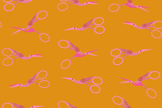 Image of 1 800 Notion Stork Scissors Honey quilting cotton fabric by Ruby Star Society for Moda Fabrics. Features sewing accessories on a gold background. Cute Little Fabrics Shop.
