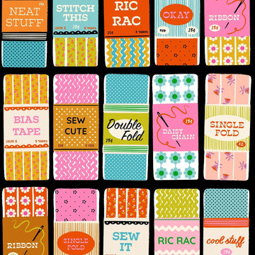 Image of 1 800 Notion Sew Cute Soft Black quilting cotton fabric by Ruby Star Society for Moda Fabrics. Features sewing accessories on a black background. Cute Little Fabrics Shop.