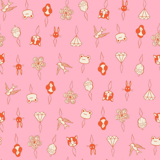 Image of 1 800 Notion Thread Charms Posy quilting cotton fabric by Ruby Star Society for Moda Fabrics. Features sewing accessories on a pink background. Cute Little Fabrics Shop.