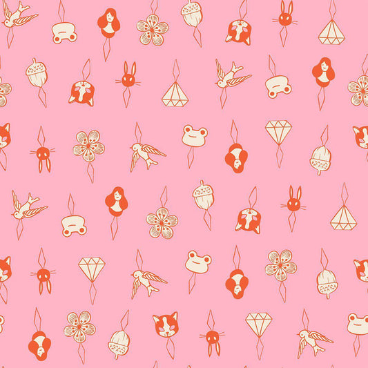 Image of 1 800 Notion Thread Charms Posy quilting cotton fabric by Ruby Star Society for Moda Fabrics. Features sewing accessories on a pink background. Cute Little Fabrics Shop.