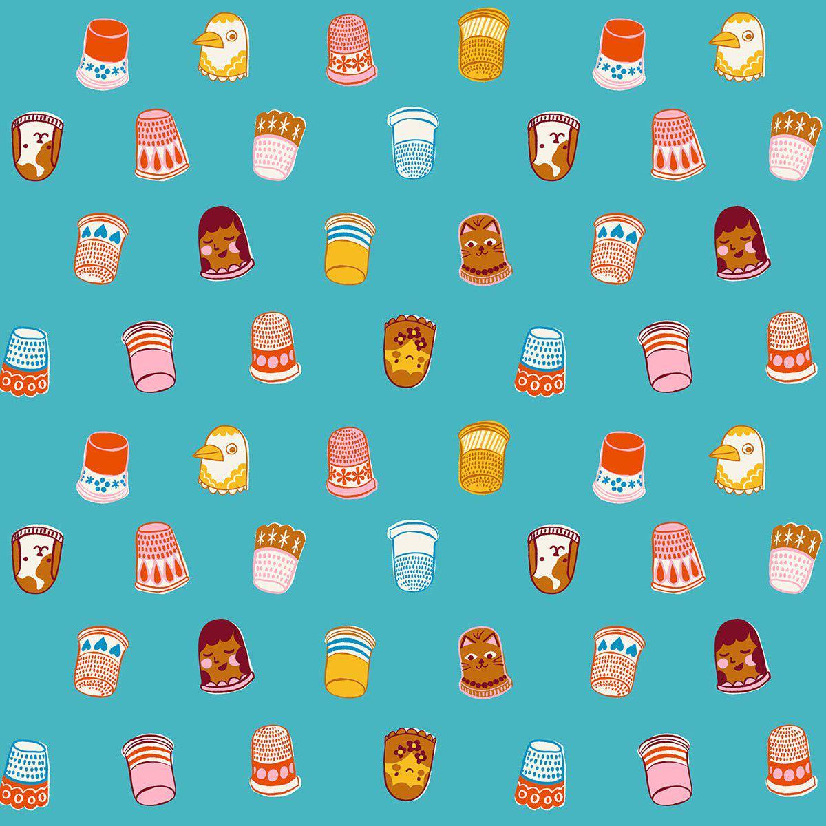 Image of 1 800 Notion Thimbles Turquoise quilting cotton fabric by Ruby Star Society for Moda Fabrics. Features sewing accessories on a blue background. Cute Little Fabrics Shop.