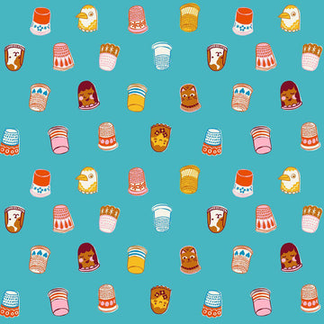 Image of 1 800 Notion Thimbles Turquoise quilting cotton fabric by Ruby Star Society for Moda Fabrics. Features sewing accessories on a blue background. Cute Little Fabrics Shop.