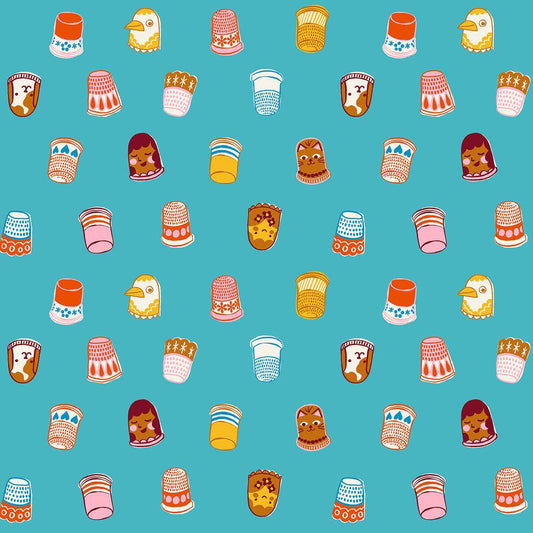 Image of 1 800 Notion Thimbles Turquoise quilting cotton fabric by Ruby Star Society for Moda Fabrics. Features sewing accessories on a blue background. Cute Little Fabrics Shop.