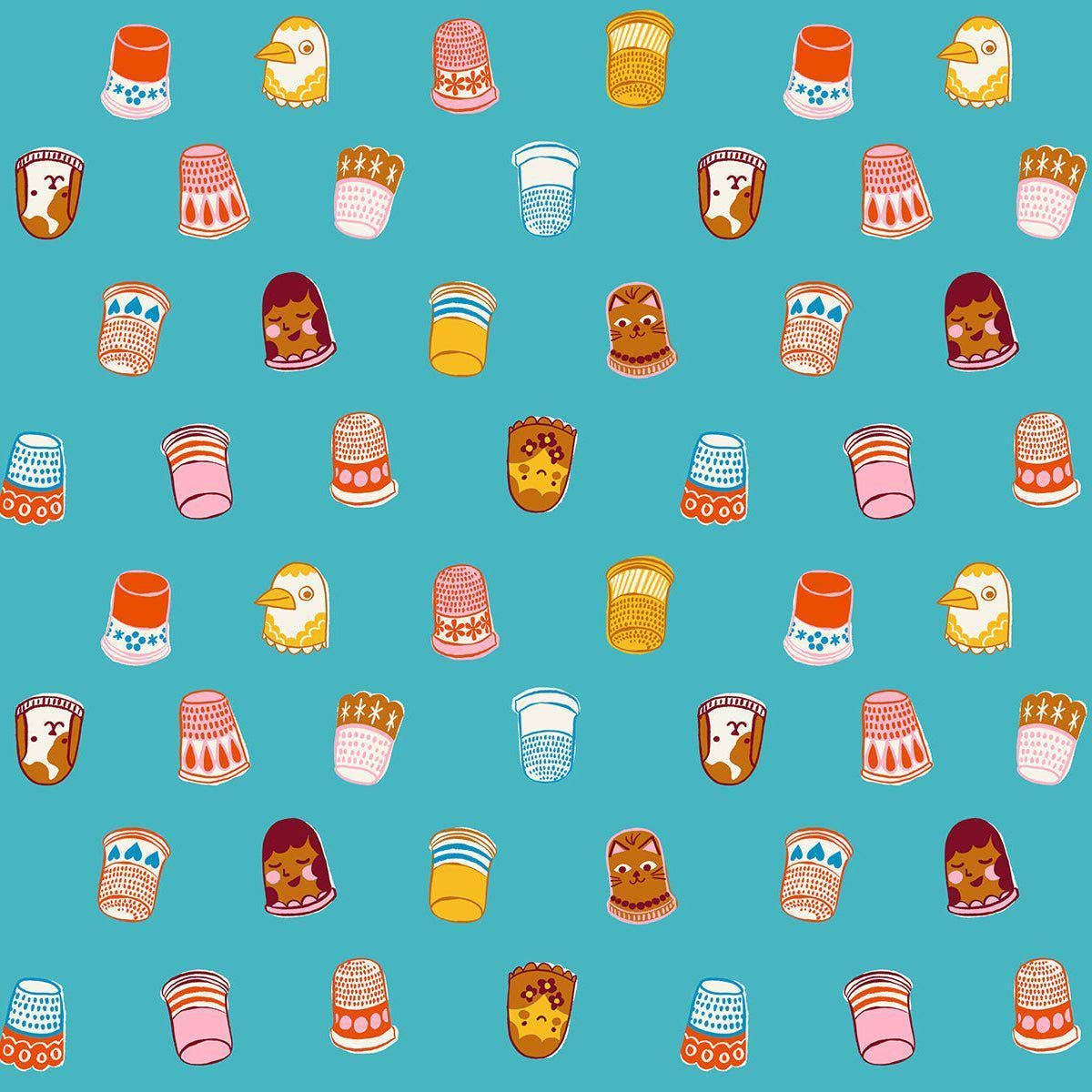 Image of 1 800 Notion Thimbles Turquoise quilting cotton fabric by Ruby Star Society for Moda Fabrics. Features sewing accessories on a blue background. Cute Little Fabrics Shop.