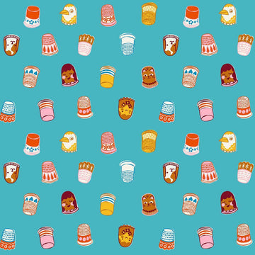 Image of 1 800 Notion Thimbles Turquoise quilting cotton fabric by Ruby Star Society for Moda Fabrics. Features sewing accessories on a blue background. Cute Little Fabrics Shop.
