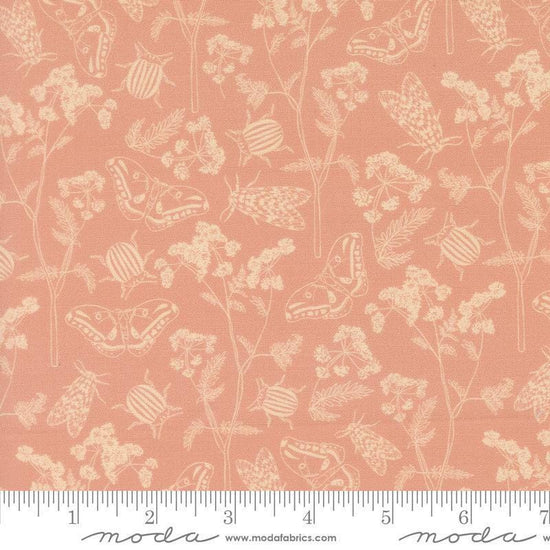 Image of Petalush Herb Garden Velvet quilting cotton fabric by Kiley's Quilt Room for Moda Fabrics. Features flowers and bugs on a pink background. Cute Little Fabric Shop.