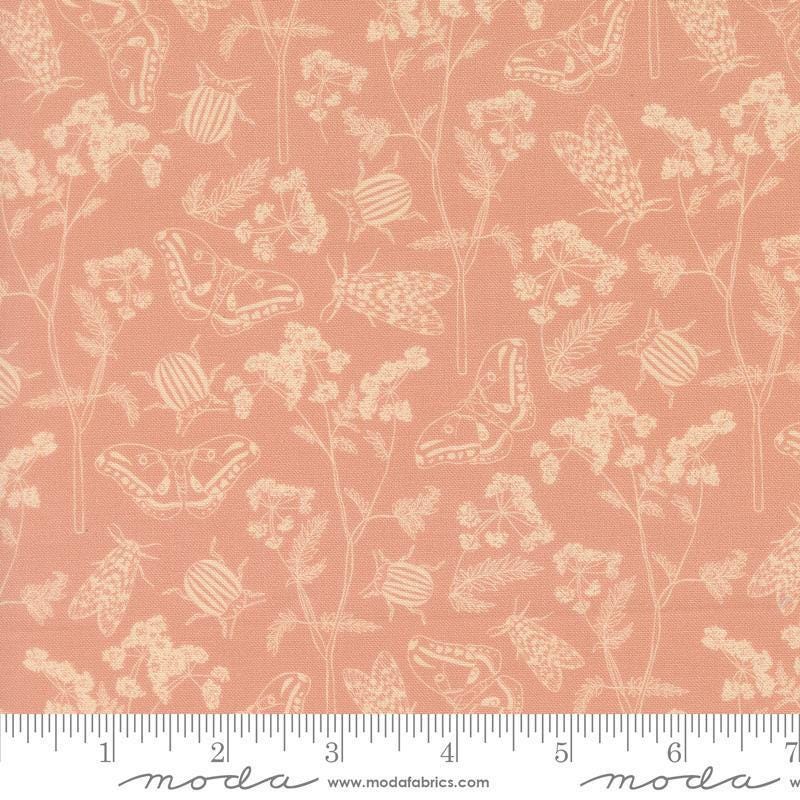 Image of Petalush Herb Garden Velvet quilting cotton fabric by Kiley's Quilt Room for Moda Fabrics. Features flowers and bugs on a pink background. Cute Little Fabric Shop.