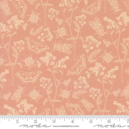 Image of Petalush Herb Garden Velvet quilting cotton fabric by Kiley's Quilt Room for Moda Fabrics. Features flowers and bugs on a pink background. Cute Little Fabric Shop.