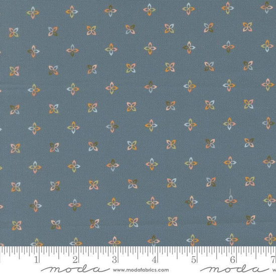 Image of Petalush Petite Denim quilting cotton fabric by Kiley's Quilt Room for Moda Fabrics. Features flowers on a blue background. Cute Little Fabric Shop.