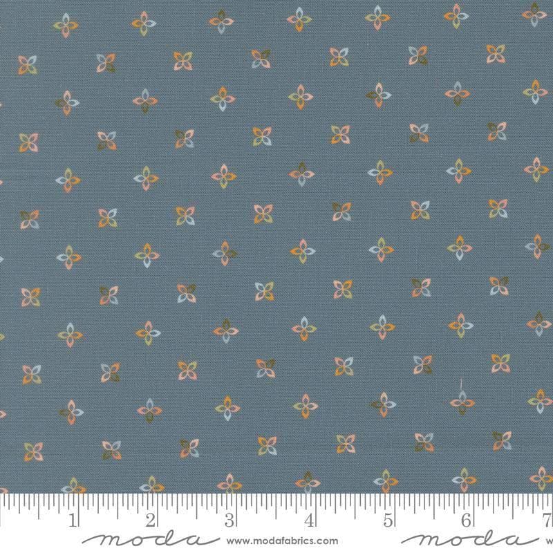 Image of Petalush Petite Denim quilting cotton fabric by Kiley's Quilt Room for Moda Fabrics. Features flowers on a blue background. Cute Little Fabric Shop.