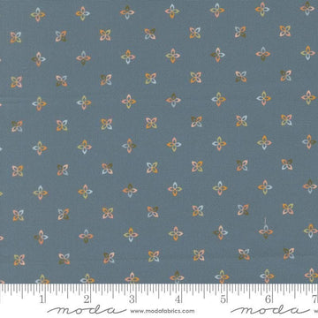 Image of Petalush Petite Denim quilting cotton fabric by Kiley's Quilt Room for Moda Fabrics. Features flowers on a blue background. Cute Little Fabric Shop.