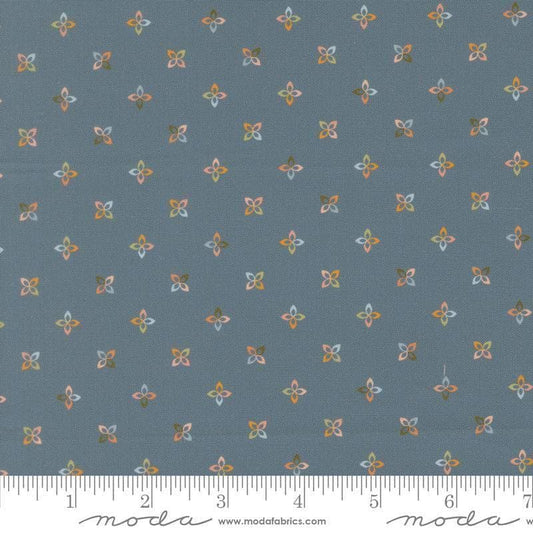 Image of Petalush Petite Denim quilting cotton fabric by Kiley's Quilt Room for Moda Fabrics. Features flowers on a blue background. Cute Little Fabric Shop.