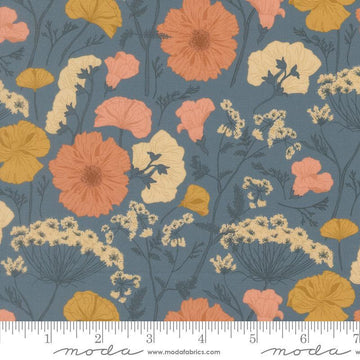 Image of Petalush Pressed Flowers Denim quilting cotton fabric by Kiley's Quilt Room for Moda Fabrics. Features flowers on a blue background. Cute Little Fabric Shop.