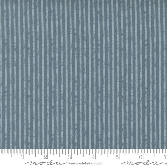 Image of Petalush Rustic Stripes Denim quilting cotton fabric by Kiley's Quilt Room for Moda Fabrics. Features stripes on a blue background. Cute Little Fabric Shop.