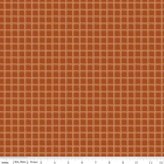 Image of Worth Repeating Plaid Rust quilting cotton fabric by Sandy Gervais for Riley Blake Designs. Features checks on an orange background. Cute Little Fabric Shop.