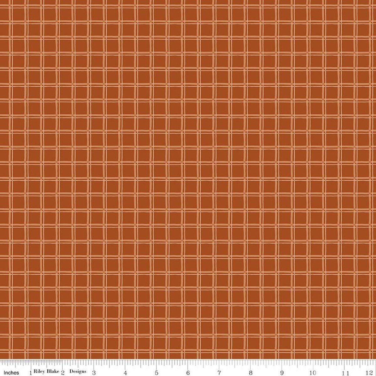 Image of Worth Repeating Plaid Rust quilting cotton fabric by Sandy Gervais for Riley Blake Designs. Features checks on an orange background. Cute Little Fabric Shop.