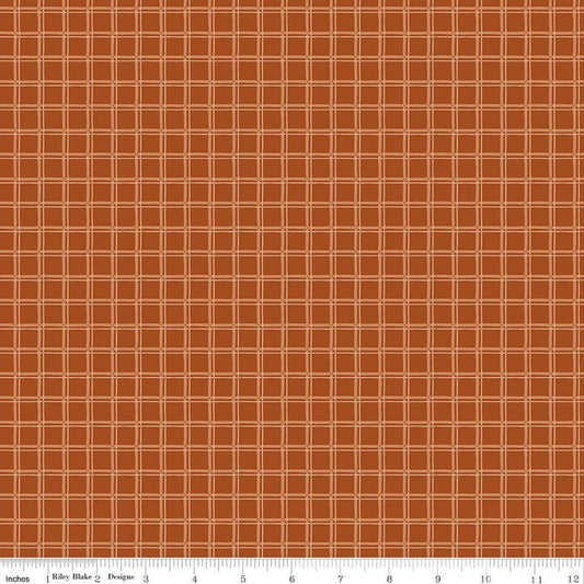 Image of Worth Repeating Plaid Rust quilting cotton fabric by Sandy Gervais for Riley Blake Designs. Features checks on an orange background. Cute Little Fabric Shop.